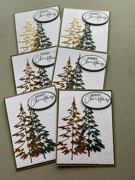 "This listing is for Trees Christmas Cards with envelopes. The cards are made from premium card stock. The cards are three layers, brown sugar for the base, evergreen in the middle and white embossed with \"snowflakes\" for the top layer.  Two trees are cut, one gold and the other evergreen and adhered to the snow layer.  Merry Christmas is stamped in matching ink, attached to a green scallop oval and popped to give it dimension. The cards measure 4 1/4\" wide by 5 1/2\" tall and comes with a wh Grinch Christmas Cards, Christmas Tree Cards Handmade, Die Cut Christmas Cards, Papercraft Christmas Cards, Stamped Christmas Cards, Simple Christmas Cards, Tree Stamp, Two Trees, Trees Christmas