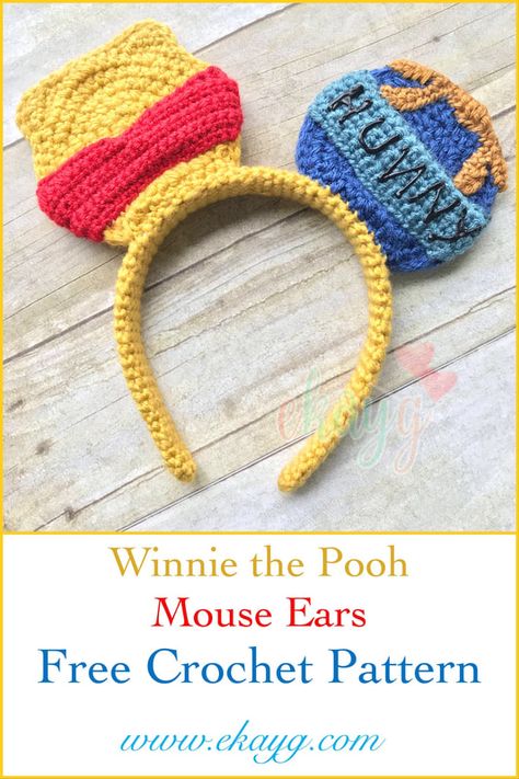 Crochet Mickey Mouse Ears Free Pattern, Disney Ears Crochet Patterns Free, Crochet Disney Applique, Crochet Disney Ears Pattern, Crochet Mickey Mouse Ears, Crochet Disney Hats, Crochet Mickey Ears Free Pattern, Crochet Disney Free Pattern, Crochet Winnie The Pooh Pattern Free