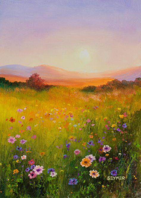 Meadow landscape painting. Framed oil painting of a field of flowers in a sunset. 🍁 DETAILS: ● This is an ORIGINAL OIL PAINTING on a wood panel. ● Title: A world of color'. ● 100 % hand painted, not a print. * If you prefer a PRINT: https://www.etsy.com/listing/1334525684 ● It is PAINTED TO ORDER in the chosen dimensions. * Your painting will be a very similar but unique recreation of the original design, the one in the pictures. ● FRAMED (3 frame colors to choose from: brown, black or white). A Field Of Flowers, Country Paintings, Field Of Flowers, Time Painting, Landscape Art Painting, Floral Oil Paintings, Framed Oil Painting, Summer Landscape, Rustic Wall Art