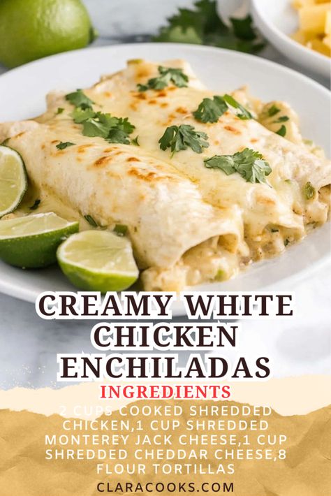 Creamy White Chicken Enchiladas Creamy White Chicken Enchilada Casserole, Homemade Chicken Enchiladas Easy, Flour Chicken Enchiladas, What Goes With Enchiladas, Easy Chicken Enchilada Casserole 4 Ingredients, White Enchiladas Chicken, Rotisserie Chicken Enchiladas Easy, Enchilada Sauce White, Enchiladas With Cheese Sauce