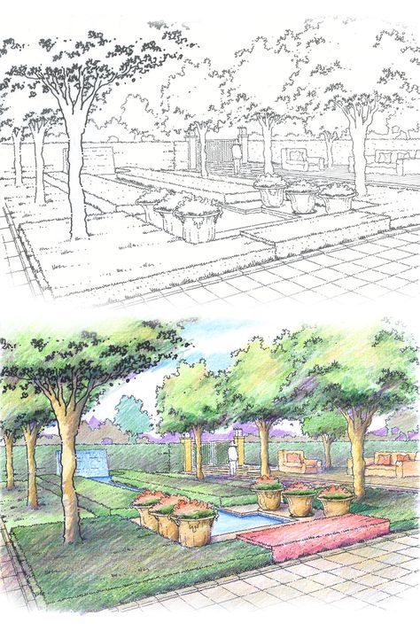 Community outdoor garden design. Landscape architecture perspective, pen and colour pencil medium. Landscape Architecture Perspective Drawing, Outdoor Drawings Sketch, Perspective Drawing Outdoor, Landscape Perspective Drawing, Perspective Landscape Drawing, Garden Perspective, Landscape Perspective, Architecture Perspective, Interior Architecture Sketch