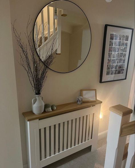 Decor Around Radiator, Entryway Ideas With Radiator, How To Hide Radiator In Living Room, Radiator Cover Hallway, Hallway Radiator Cover Decor, Radiator Cover Styling, Radiator Cover Decor, Radiator Cover Ideas Hallway, Hall Ways Ideas Narrow