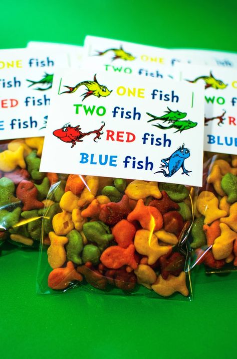 Dr. Seuss Treat Bag Card Dr. Seuss Printable One Fish Two | Etsy Dr Seuss Books With Activities, Dr Seuss Fish Craft, Dr Seuss Birthday Food, Dr Seuss Classroom Treats, Dr Seuss Inspired Snacks, Dr Suess Week Ideas, Dr Seuss Food Ideas For Kids, Dr Seuss Goodie Bag Ideas, Dr Seuss Thing 1 Thing 2 Birthday Party