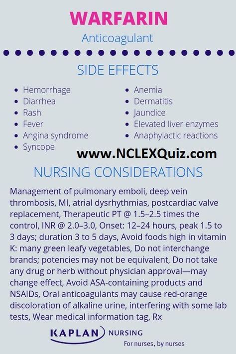 Warfarin Anticoaglant Pharmacology, Side Effects & Nursing Considerations Warfarin decreases the body’s ability to form blood clots by blocking the formation of vitamin K–dependent clotting factors. Vitamin K is needed to make clotting factors and prevent bleeding Warfarin Nursing, Nursing Medications, Kaplan Nursing, Medications Nursing, Nursing School Essential, Nurse Study Notes, Nursing Student Tips, Cardiac Nursing, Pharmacology Nursing