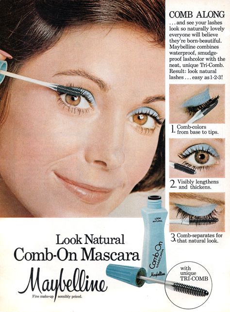 Vintage 1976 Maybelline Comb-On Mascara Ad 1970s Makeup, Historical Makeup, 1960s Makeup, Cosmetology License, Vintage Makeup Ads, Makeup History, Mascara Maybelline, Diy Mascara, Vintage Corner