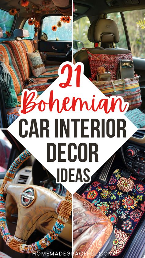 boho car interior ideas Car Camping Decoration, Gear Shift Crochet Cover, Boho Car Seat Covers, Diy Seat Covers For Car, Cozy Car Aesthetic, Bohemian Car Decor, Vintage Car Accessories, Orange Car Decor, Diy Car Interior Makeover