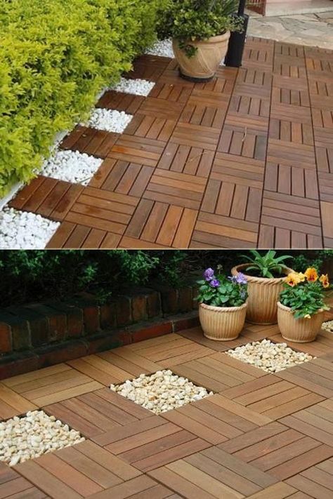 A Perfect Patio with Gravel and Wooden Tiles Magnolia Backyard, Ikea Runnen, Diy Outdoor Patio Ideas, Wood Deck Designs, Deck Tiles Patio, Ideas Terraza, Wood Deck Tiles, Wooden Tiles, Wooden Deck