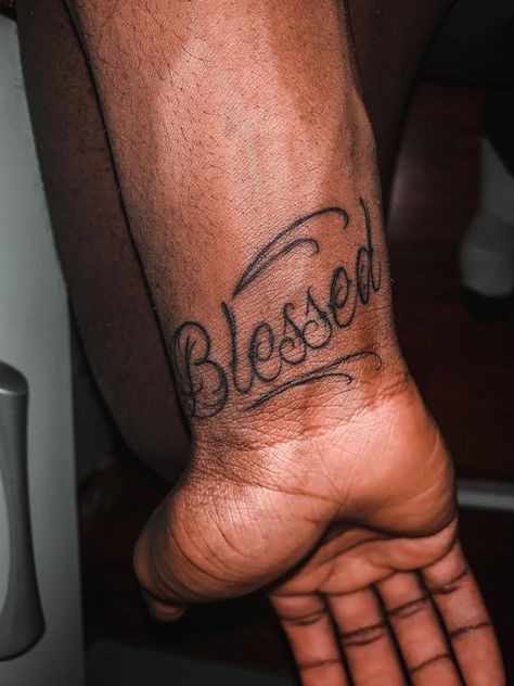 Mens Blessed Tattoo, Medium Men Tattoo Ideas, Small Black Men Tattoos, Simple Arm Tattoo Men, Rare Tattoos Men Small, Small Tattoos For Men Black, Trust The Process Tattoo Men, Blessed Tattoo For Men Forearm, Tatoos Men Small Arm