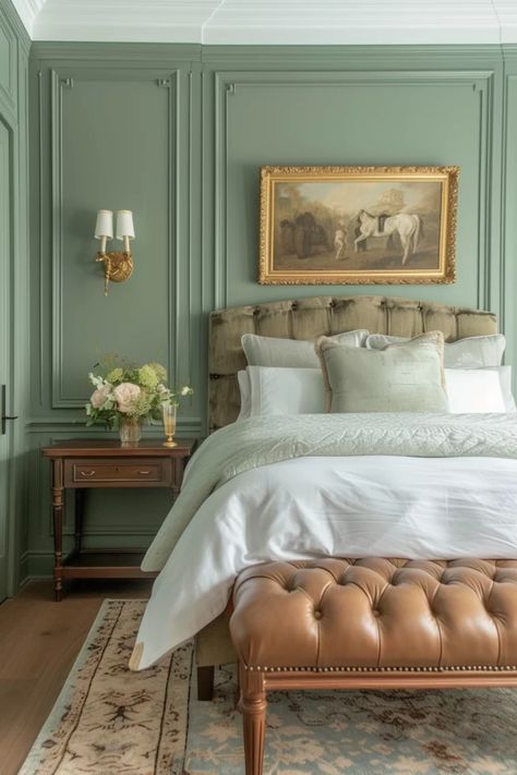 23 Relaxed Sage Green Bedroom Ideas To Recreate - She Be Thriving Sage Green Bedroom Ideas, Light Green Bedrooms, Green And White Bedroom, Green Bedroom Ideas, Sage Green Bedroom, Bedroom Colour Palette, Victorian Bedroom, Boho Style Bedroom, Sage Green Walls