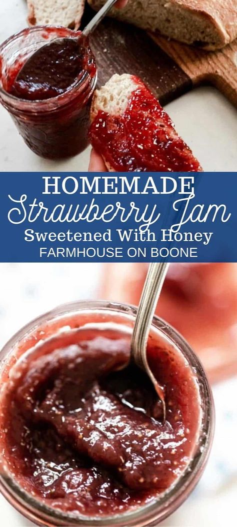 Raspberry Honey Jam, Jams Made With Honey, Strawberry Freezer Jam With Honey, Honey Jam Recipes, Home Made Jam Recipes, Canned Strawberry Recipes, Jam Made With Honey, Strawberry Jam Recipe Canning, Strawberry Jam With Honey