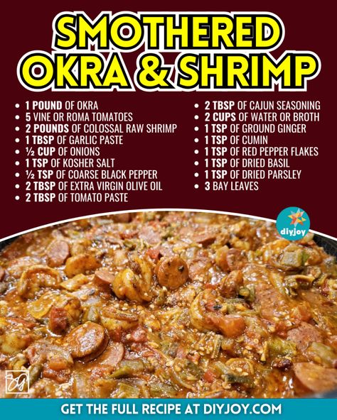 Easy Southern Smothered Okra And Shrimp Recipe Okra And Shrimp, Smothered Okra, Sauteed Okra, Cajun Chicken Recipes, Okra Recipes, Shrimp And Vegetables, Best Seafood Recipes, Shrimp Recipes Easy, Shrimp Recipe