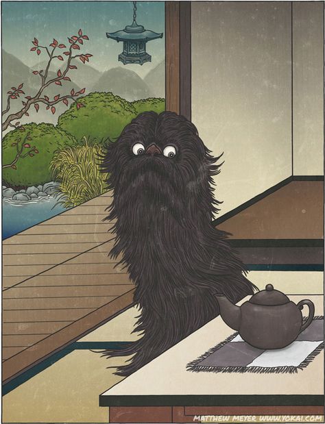 Keukegen- Japanese folklore: a creature covered in black fur that lives in peoples houses. Its name means "rarely seen". It was a disease spirit, inflicting sickness into those who lived in its host house. Japanese Yokai, Japanese Myth, Japanese Monster, Japanese Mythology, Japanese Folklore, Japanese Illustration, Tableau Art, Art Japonais, Mythological Creatures