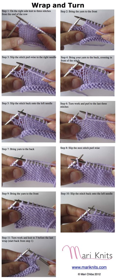 Today I'm going to be showing you how to do the classic wrap and turn short rows. These short rows are easy to employ and don't leave any holes in your knitting. They are not as invisible as other ... Knitted Stitches, Knitting Short Rows, Knitting Help, Knitting Tips, Knit Stitches, Knitting Instructions, How To Knit, Knitting Tutorial, Knitting Techniques