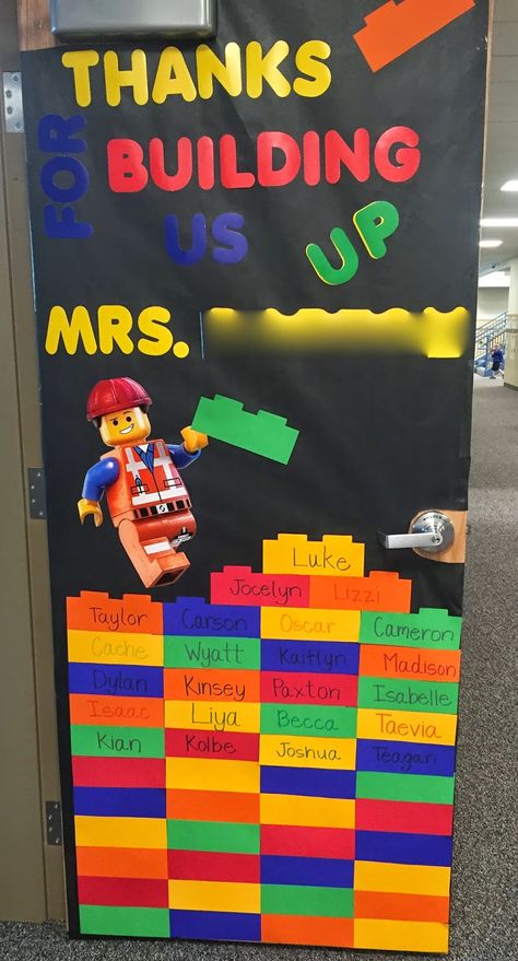 Teachers Doors Ideas, Teacher Appreciation Week Bulletin Board, Lego Door Decorations Classroom, Lego Teacher, Lego Classroom Theme, Strong Verbs, Lego Classroom, Teacher Appreciation Door, Teacher Appreciation Door Decorations