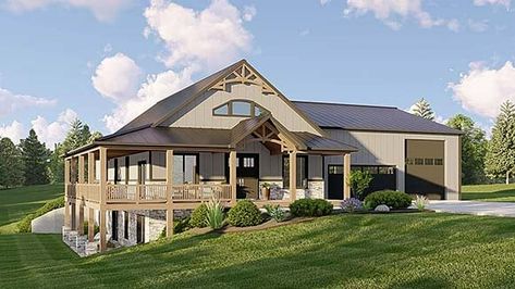 Cathedral Ceiling Kitchen, Porch French Doors, Kitchen With Large Island, Corrugated Metal Siding, Barndominium House, Barn Plan, Ceiling Kitchen, Barn Houses, Wraparound Porch