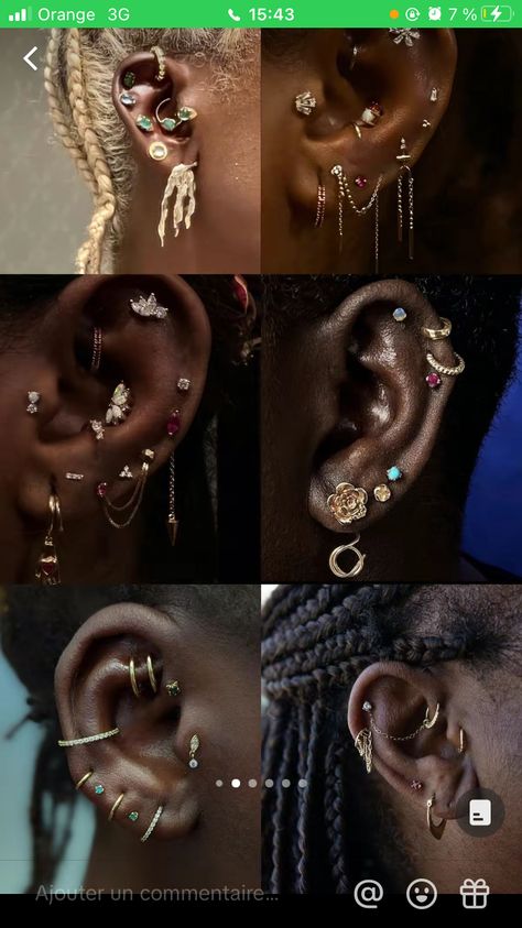 Black Woman Ear Piercings, Ear Piercing On Black Women, African Piercings, Ear Piercing Black Women, Ear Full Of Piercings, Piercing Ideas Black Women, Ear Piercings Black Women, Baddie Piercings, Ear Jewelry Ideas