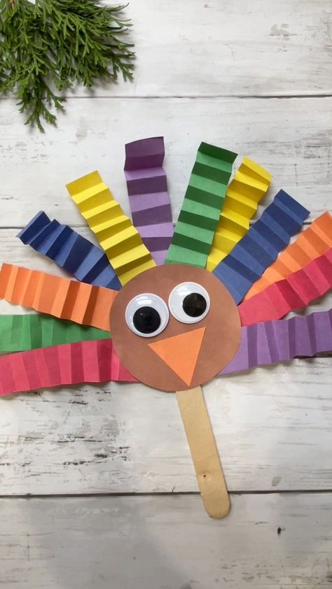 Crimped turkey puppet craft! #Thanksgiving #turkeycraft | Kids Craft Barn | Scott Dugdale · Workday Clothes Pin Turkey, Cotton Ball Turkey Craft, Turkey Clothespin Craft, November School Crafts, Thanksgiving Turkey Hand Craft, Toilet Paper Turkey Crafts For Kids, I Am Thankful For Turkey Craft, Craft Stick Turkey, November Crafts For Elementary Kids