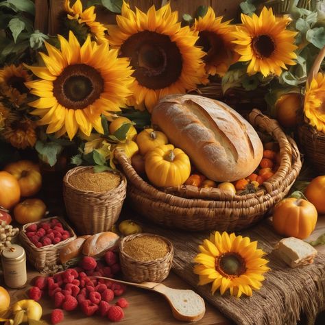 AI generated art with prompt Lammas aesthetic, Lughnasadh aesthetic, harvest, sunflowers, raspberries, bread, grain, beer, cornucopia, scythe, sickle, corn dollies, baskets, gratitude, gold, yellow, orange, copper, sun Lughnasadh Aesthetic, Harvest Aesthetic, Harvest Sunflowers, Corn Dollies, Corn Dolly, Orange Copper, Witchy Things, Yellow Orange, Gold Yellow