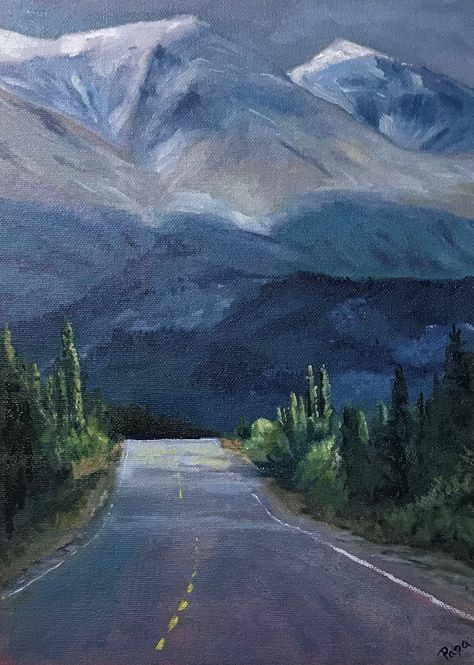 Alaska Painting Acrylic, Mountain Road Painting, Mountain Scape Painting, Highway Painting, Mountain Range Painting, Granola Core, Alaska Painting, Painting Mountains, Alaska Mountains