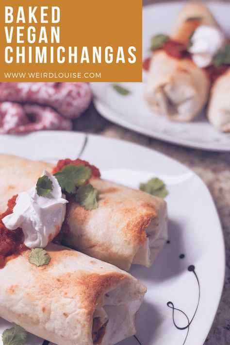 These baked vegan chimichangas are packed with flour. And easy to put together on a busy night. Serve it by it's or add Spanish rice and beans. Gluten Free Chimichanga Recipe, Vegetable Chimichanga Recipe, Veggie Chimichanga Recipe, Vegan Chimichanga, Chi Chi's Baked Chicken Chimichanga, Latina Food, Spanish Rice And Beans, Spanish Cooking, Nutritional Food