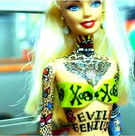 #newskoolbitches #imabarbiegirlnow Barbie Mala, Marie Tattoo, Wylona Hayashi, Barbie Tattoo, Bodysuit Tattoos, Motorcycle Humor, Bad Barbie, Image Swag, Im A Barbie Girl