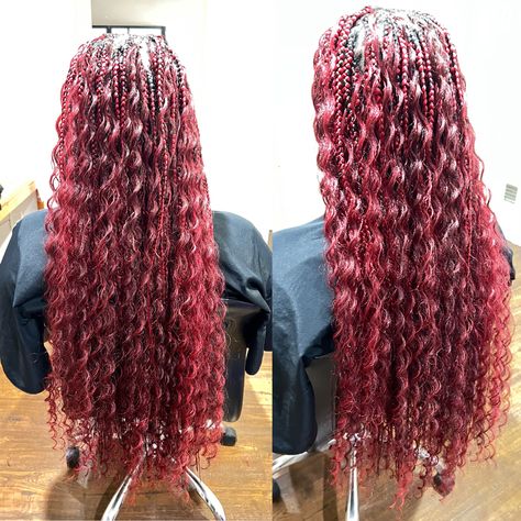 Long Red Goddess Braids, Red Goddess Braids Hairstyles, Maroon Goddess Knotless Braids, Burgundy Bohemian Braids, Dark Red Goddess Braids, Red Mermaid Braids, Maroon Goddess Braids, Bohemian Goddess Braids With Color, Red Bohemian Braids