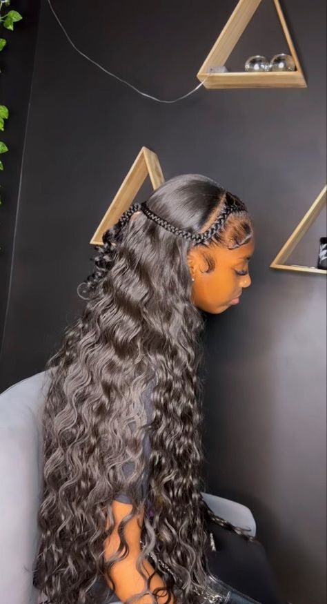 Sewin Hairstyles With Closure, Quick Weave And Braids Hairstyles, 2 Stitch Braids With Quick Weave, Braids And Quick Weave, Two Braids In Front With Hair Down, Boujee Hairstyles, Inner Wave, Black Hair Protective Styles, Waves Hairstyle