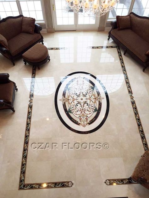 Picture of Custom scaled marble border and oval medallion in Crema Marfill background tiles, ID465. Example of custom floors, medallions, inlays, borders and parquet, marble waterjet medallions Floor Border Design, Waterjet Marble Floor, Dinning Room Flooring, Marble Inlay Designs, Background Tiles, Marble Inlay Floor, White Marble Tile Floor, Floor Pattern Design, Marble Floor Pattern