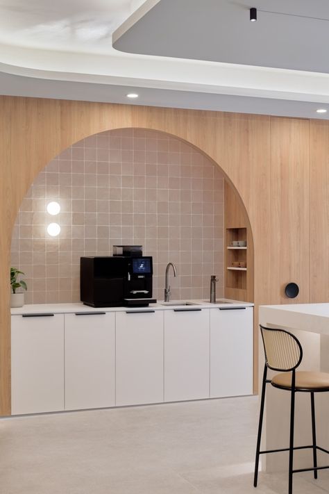 Archway Commercial Interiors Offices - Brisbane | Office Snapshots Commercial Office Kitchen Design, Small Office Kitchenette, Small Office Pantry, Minimal Office Design, Scandi Office, Pantry Counter, Designers Office, Break Room Design, Commercial Interiors Office