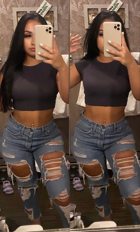 Baddie Black Leggings Outfit, Baddie Outfits With Jeans, Baddie Outfits Jeans, Latina Baddie, Jeans Raw Hem, Latina Fashion Outfits, Fasion Outfits, Looks Party, Cute Lazy Day Outfits