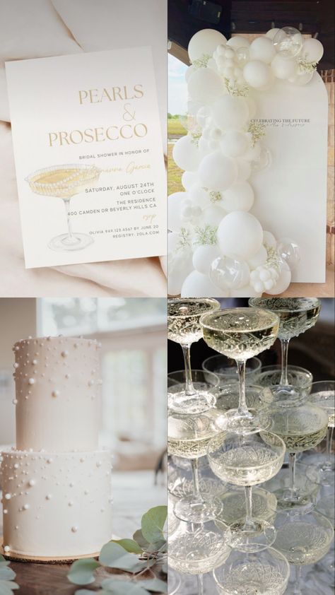 Pearl White Party Decorations, Pearl Themed Bridal Party, Pearl Theme Party Ideas, Pearl And Champagne Wedding, Pearl Themed Bachelorette Party, Sparkle Bridal Shower Ideas, Sparkly Bridal Shower Ideas, Simple Bachelorette Party Ideas Classy, Bachelorette Party Themes Pearls