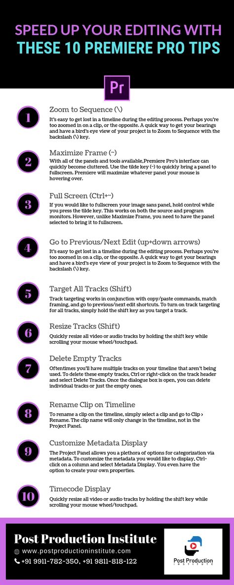 Have a look at this infographic to know what are the important points that need to know to speed up your editing with these 10 premiere pro tips. Explore our course to be the Premiere Pro here: https://goo.gl/ymGVFP  #PremiereProCourseinDelhi, #PremiereProTraininginDelhi, #PremiereProInstitute, #PremiereProCourseinRohini Premier Pro Tips, Adobe Premiere Pro Video Editing Tips, Premiere Pro Tutorials, Graphics Tutorial, Frame Edit, Motion Graphics Tutorial, Life Hacks Computer, Film Editing, Editing Tips