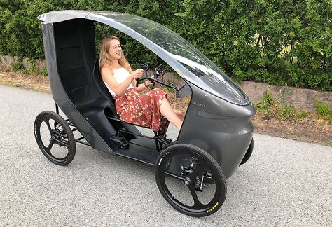 The Norwegian CityQ electric vehicle is a mix between an e-bike and a car. The so-called LEV (Light Electric Vehicle) has four wheels, it can accommodate up to 3 people and a 48V drive system including a motor 250-500W of power, which is made possible speed of 25km/h.   #ebike4wheel #cargoebike #ebikefourwheels 4 Wheel Bicycle, Eletric Bike, Trike Bicycle, Electric Cargo Bike, Electric Bike Bicycles, Chuncheon, Tricycle Bike, Reverse Trike, Bike Engine