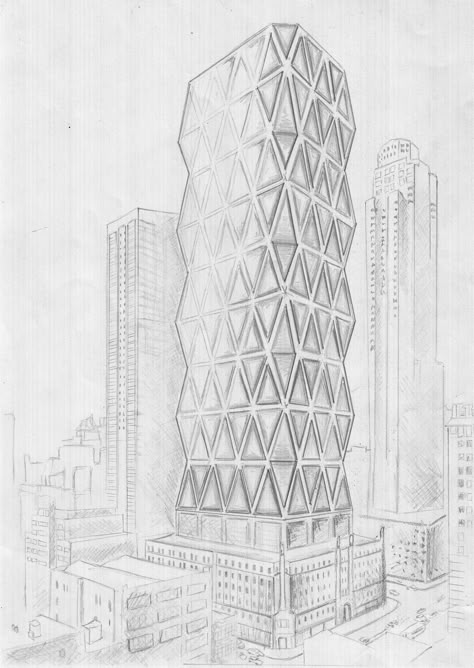 Hearst Tower Sketch, Norman Foster Sketch, Tower Sketch, Hearst Tower, Tower Drawing, Cityscape Drawing, Architecture Blueprints, Architecture Drawing Sketchbooks, Perspective Drawing Architecture