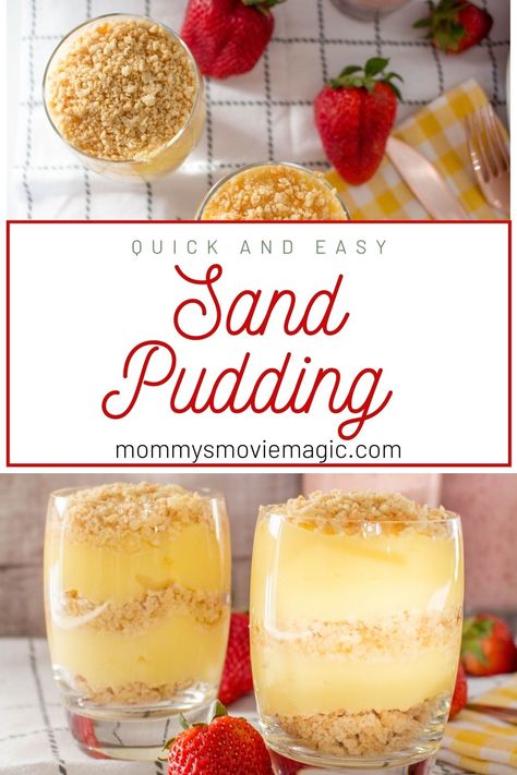 Sand Pudding Dessert, Luau Desserts, Sand Dessert, Sand Pudding, Easy Dessert Idea, Sands Recipe, Dirt Pudding, Themed Recipes, Super Easy Desserts