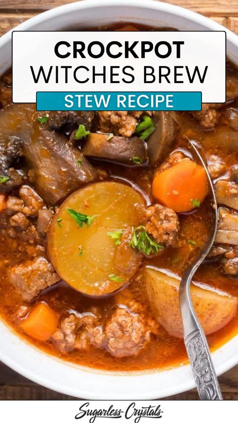 Embrace the spirit of Halloween with our Crockpot Witches Brew Stew! Featuring hearty ground beef, flavorful French onion soup, and a hint of tomato sauce, this stew is a must-try for spooky season. Set your Crockpot and let this bewitching recipe simmer to perfection for a satisfying winter meal. Halloween Stew, Witches Brew Stew, Halloween Crockpot, Easy Winter Soups, Halloween Dinners, Winter Dinner Ideas, Minced Meat Dishes, Seasonal Veggies, Ground Italian Sausage