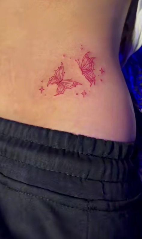 Red Girly Tattoos, Red Spine Tat, Minimal Tattoo Designs Unique, Butterflies Hip Tattoo, Red Ink Hip Tattoo, Red Lower Back Tattoo, Red Aesthetic Tattoo, Red Ink Tats, Red Butterfly Neck Tattoo