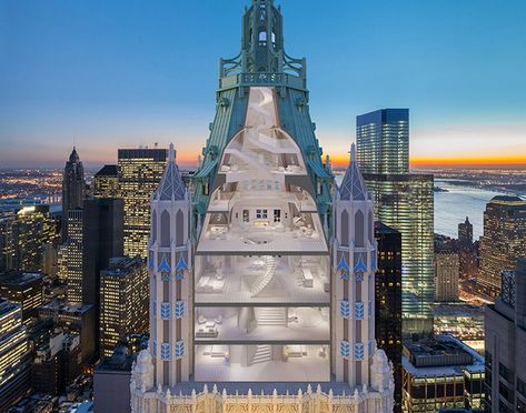 david hotson designs the pinnacle to occupy iconic crown of new yorks woolworth tower | Netfloor USA Prada Building, Luxury Tower Building, New York Edition Hotel, United Nations Headquarters In New York, Woolworth Building Nyc, New York Landmarks, Woolworth Building, Bike Room, Live Art