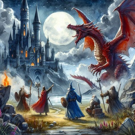 https://flic.kr/p/2pZ2ytf | The Forgotten Realms - Watercolor I | Stunningly presented is a Dungeons & Dragons fantasy watercolor with wizards, warriors and large red dragon. A dark, foreboding castle and full moon loom in the background. Dungeons And Dragons Artwork, Red Dragon Lair Map, Dragon Attacking Village, Dragon In Cave Art, Dragon Attacking Castle, Dragon Castle, Fantasy Watercolor, Fire Breathing Dragon, Dragon's Lair