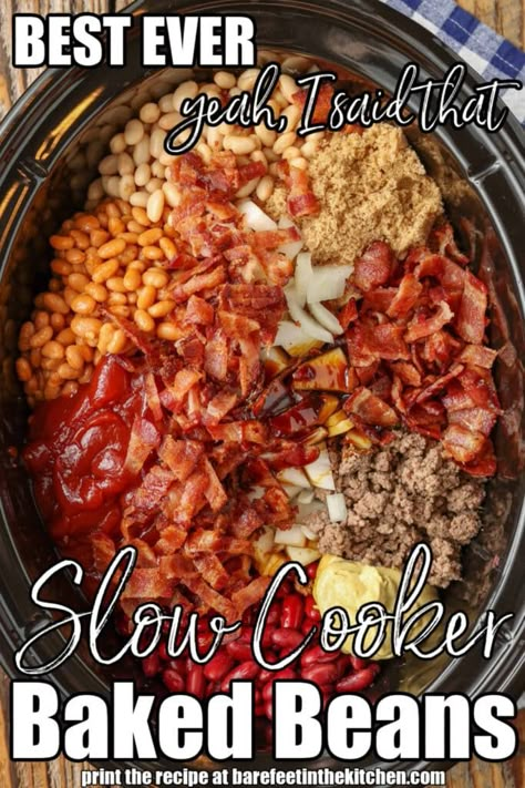 Baked Beans Recipe Crockpot, Crock Pot Baked Beans, Baked Beans With Hamburger, Beans Recipe Crockpot, Baked Beans Crock Pot, Simply Happy Foodie, Slow Cooker Baked Beans, Best Baked Beans, Baked Beans With Bacon