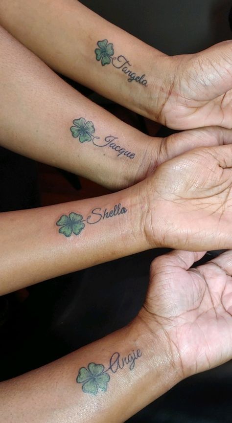 Irish Twin Tattoo Ideas, Four Leaf Clover Tattoo With Names, Matching Four Leaf Clover Tattoos, Clover Memorial Tattoo, Shamrock Memorial Tattoo, Four Leaf Clover Tattoo For Men, 4 Leaf Clover Tattoo Men, White Outline Tattoo, 4 Leaf Clover Tattoo For Women