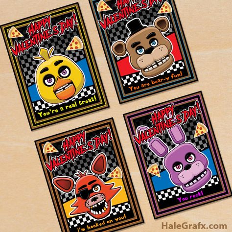 FREE Printable Five Nights at Freddy's Valentines #valentinesdayprintables #freeprintables #printables #valentinedaycards #fnaf #fivenightsatfreddys Five Nights At Freddy's Valentines Cards, Fnaf Valentines Boxes, Fnaf Valentines Cards, Fnaf Printables, Fnaf Valentines, Bonnie And Foxy, Fnaf Birthday, Fnaf Party, Free Valentine Cards