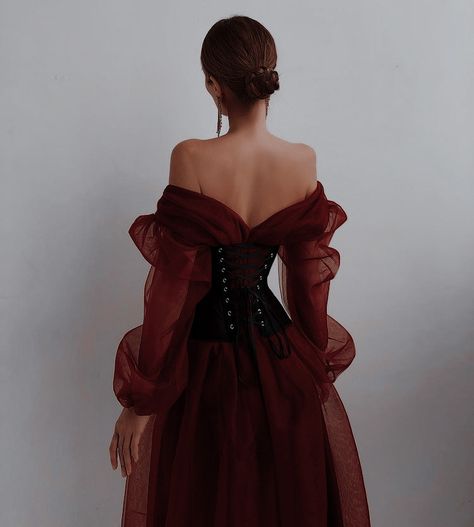 Wide Collar Dress, Red Gowns Elegant Royal, Dark Red Ball Dress, Red Gown Aesthetic, Dark Red Dress Short, Dark Red Formal Dress, Red Fantasy Dress, Dark Red Wedding Dress, Dark Red Gown