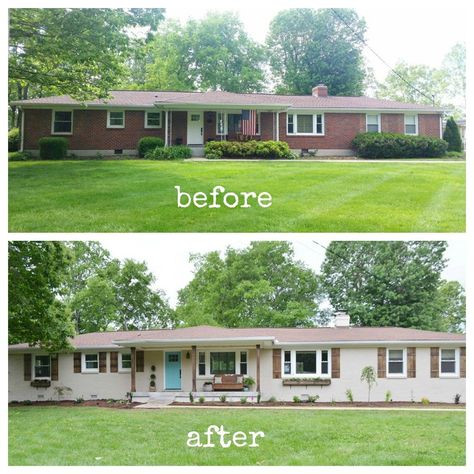 CURB APPEAL – Look at what  paint over brick, windowboxes, and shutters could do to a dated facade. White Brick Brown Shutters, Painted Brick With White Windows, Brick House Cedar Shutters, Wooden Shutters On Brick House, Ranch House Shutters Exterior, Curb Appeal For Brick House, Improve Curb Appeal Ranch, Brick Veneer Wall Exterior, White Brick House With Wood Shutters