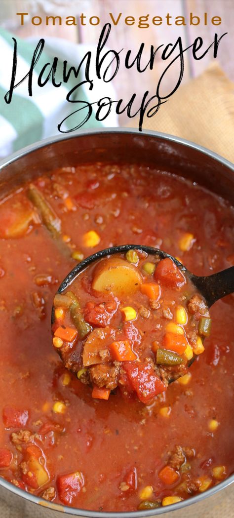 TOMATO VEGETABLE HAMBURGER SOUP is a simple quick soup recipe that is loaded with vegetables, beef, tomatoes and potatoes. This comfort food can be made ahead of time, freezes well and reheats easily. #hamburgersoup #vegetablehamburgersoup #souprecipe #easysoup #heartysoup Beef Vegetable Soup With Tomato Juice, Hamburger With Tomato Soup, Hearty Hamburger Soup, Beef And Tomato Soup, Hamburger Soup With Rice, Hamburger And Tomato Recipes, Recipes With Tomato Juice, Tomato Beef Soup, Vegetable Soup With Tomato Juice