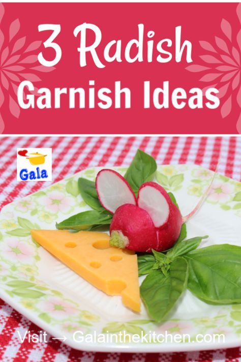 3 easy radish garnish ideas with many photos and detailed directions. Check out my website to see more photos and ideas on how to garnish with radish → Galainthekitchen.com #garnish #radish #howto #radishgarnish #fungarnish #funfoodgarnish #howtogarnioshfood #funfood #yummy #partyfood #homecooking #fooddecor #galainthekitchen Radish Ideas, Radish Roses Easy, Radish Garnish, Radish Butter Appetizer, Radish Carving, Garnish Ideas, Food Garnish, Vegetable Platter, Radish Recipes