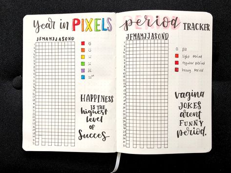 Mod and period tracker Bujo A Year In Pixels, Period Journal Ideas, Year In Pixels Ideas, Yearly Period Tracker, My Year In Pixels, Bullet Journal Period Tracker, Bujo Trackers, Bullet Journal Tracking, Desain Ux