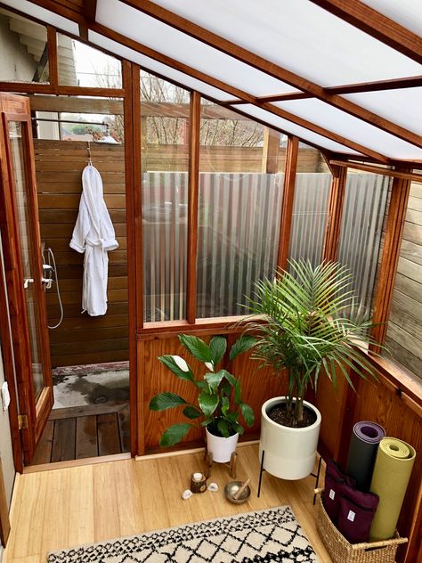 Greenhouse as yoga studio by Sturdi-Built Greenhouse Yoga Studio Greenhouse, Tiny Home Greenhouse, Outdoor Greenhouse Bathroom, Sauna In Greenhouse, Greenhouse Bathroom Ideas, Greenhouse Yoga Studio, Yoga Greenhouse, Backyard Bathhouse, Outside Bathroom Ideas Backyards