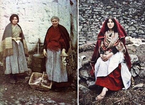 Traditional Irish Knitwear, An Spidéal, Galway, Ireland 1 May 1913 (Left), 14 Year Old Girl From The Claddagh Wearing Traditional Claddagh Dress. Galway, Ireland, 26th May 1913 (Right) | Bored Panda Traditional Irish Clothing, Irish Knitwear, Irish Dress, Irish Clothing, Ireland History, Military Cemetery, Irish Women, Colorized Photos, Irish Culture