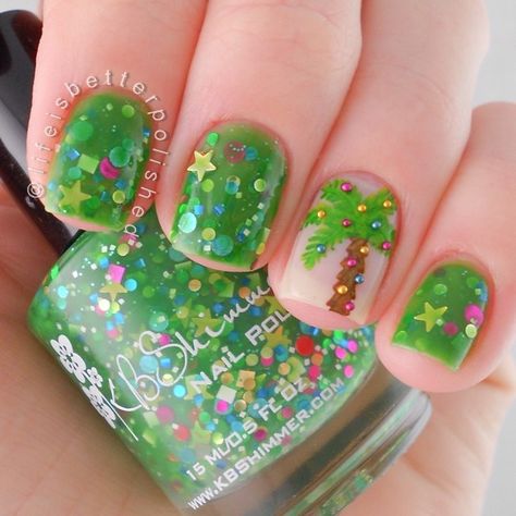 @lifeisbetterpolished Palm Tree Christmas Lights, Lights Nails, Holiday Nails Thanksgiving, Palm Tree Nail Art, Shellac Nail Designs, Tree Nail Art, Christmas Palm Tree, Palm Tree Nails, Santa Nails